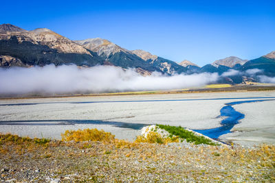 Scenic view of lake and snowcapped mountains against clear blue sky