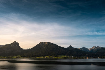 Scenic view of lake and mountains against sky