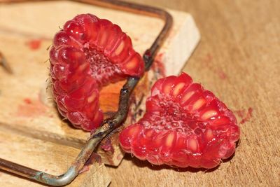 High angle view of strawberries on table