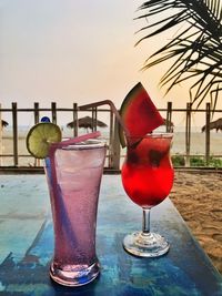 Close-up of red wine with water against sky