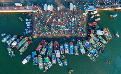 Aerial view of boat moored at harbor