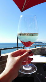 Hand holding wine glass against blue sky