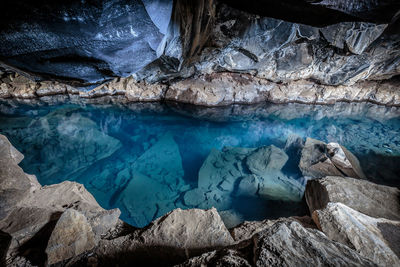 High angle view of stream in cave