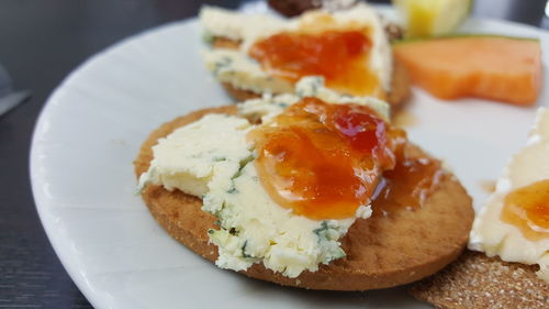 Close-up of breakfast served in plate