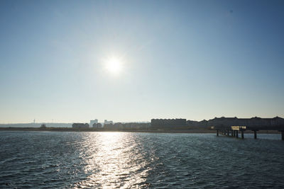 Scenic view of sea against clear sky on sunny day