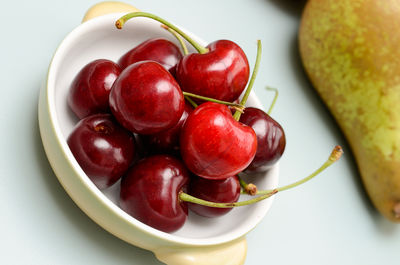 High angle view of fruits in bowl on table