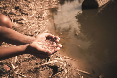 High angle view of hands in water