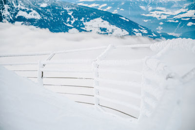 Snow covered landscape against mountains