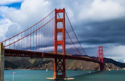 Golden gate bridge over river against cloudy sky