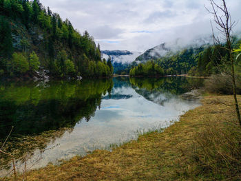 Scenic view of a lake in the bavarian alps  on a rainy day near seegatterl 