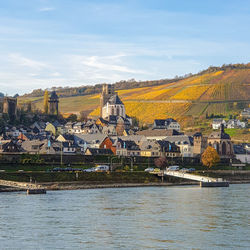 Scenic view of river by town against sky