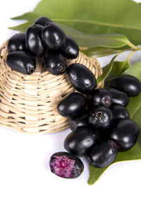 High angle view of grapes in basket