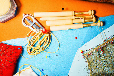 High angle view of multi colored pencils on table