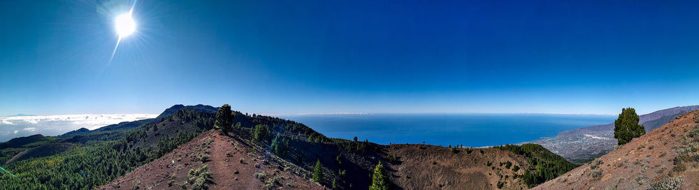 Panoramic view of sea and mountains against clear blue sky