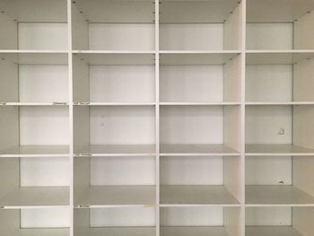 Full frame shot of empty white shelves