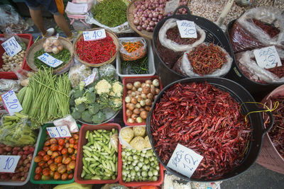 High angle view of vegetables and spices for sale at market stall