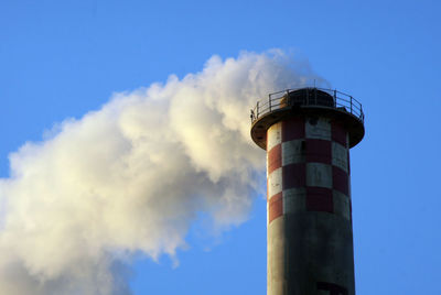 Low angle view of lighthouse by building against sky