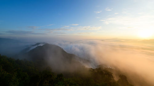 Beautiful sea of mist and sunrise, view from aiyoeweng view point, yala province, thailand