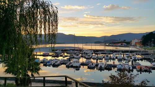 Boats moored in harbor at sunset