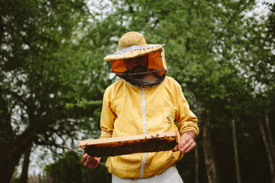 Beekeeper working over beehive at farm