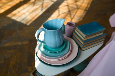 High angle view of coffee cup on table