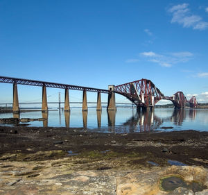 Bridge over river against clear blue sky