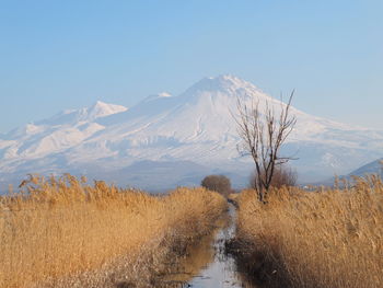 Scenic view of mountains against clear sky