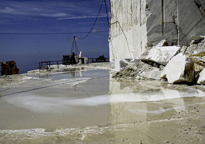 Snow covered rocks by sea against sky