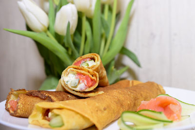 Close-up of breakfast served on table