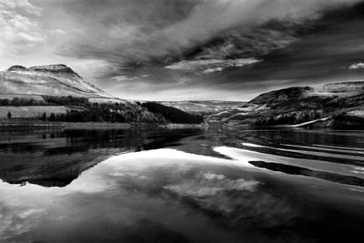 Scenic view of lake by mountains against sky