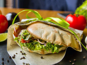 Close-up of meal served on table