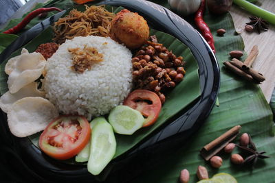 High angle view of food served in plate