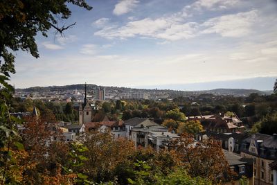 High angle shot of townscape against sky