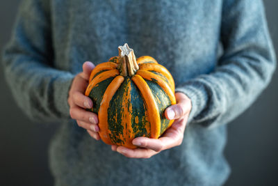 Women's hands hold a bright orange and green pumpkin.