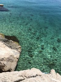 High angle view of rocks on sea shore