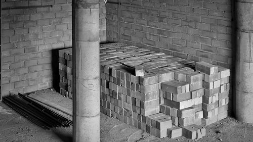 Close-up of stack of building