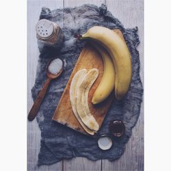 High angle view of fruits on cutting board