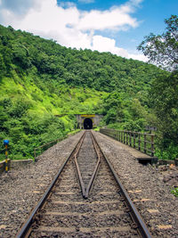 Railroad tracks by trees against sky