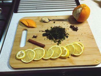 High angle view of vegetables on cutting board