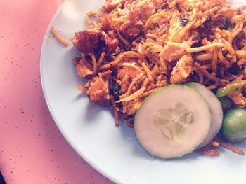 High angle view of vegetables in plate on table