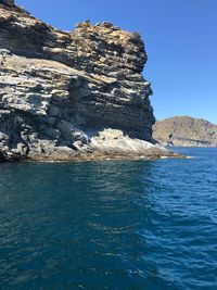 Rock formations in sea against clear blue sky