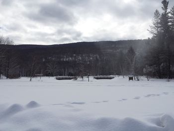 Snow covered landscape against cloudy sky