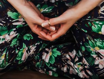 High angle view of woman hands