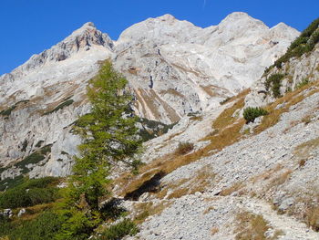 Low angle view of rocky mountains against clear sky