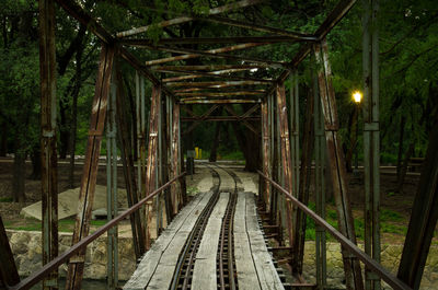 View of railroad tracks across bridge