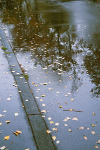 High angle view of wet street during rainy season