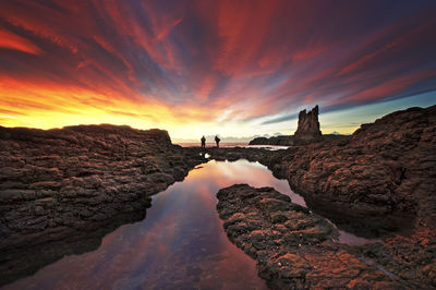 Rocks in sea against sky during sunset