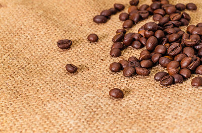 Close-up of coffee beans on burlap