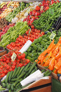 High angle view of vegetables for sale at market stall
