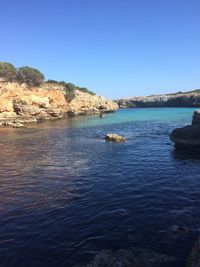 Scenic view of sea against clear blue sky